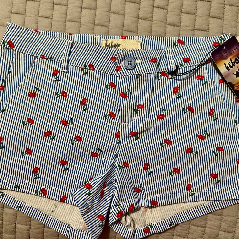 BeBop Blue and White Striped Cherry Print Women’s Shorts